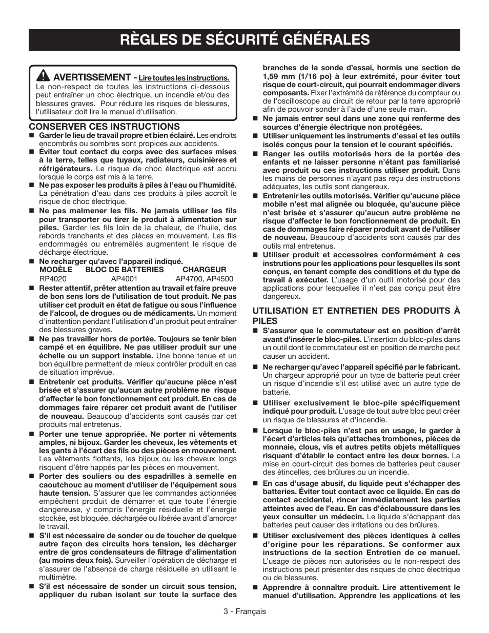 Règles de sécurité générales, Avertissement | Ryobi RP4020 User Manual | Page 15 / 40