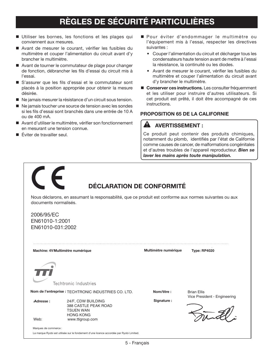 Règles de sécurité particulières, Declaration of conformity, Déclaration de conformité | Avertissement | Ryobi RP4020 User Manual | Page 17 / 40