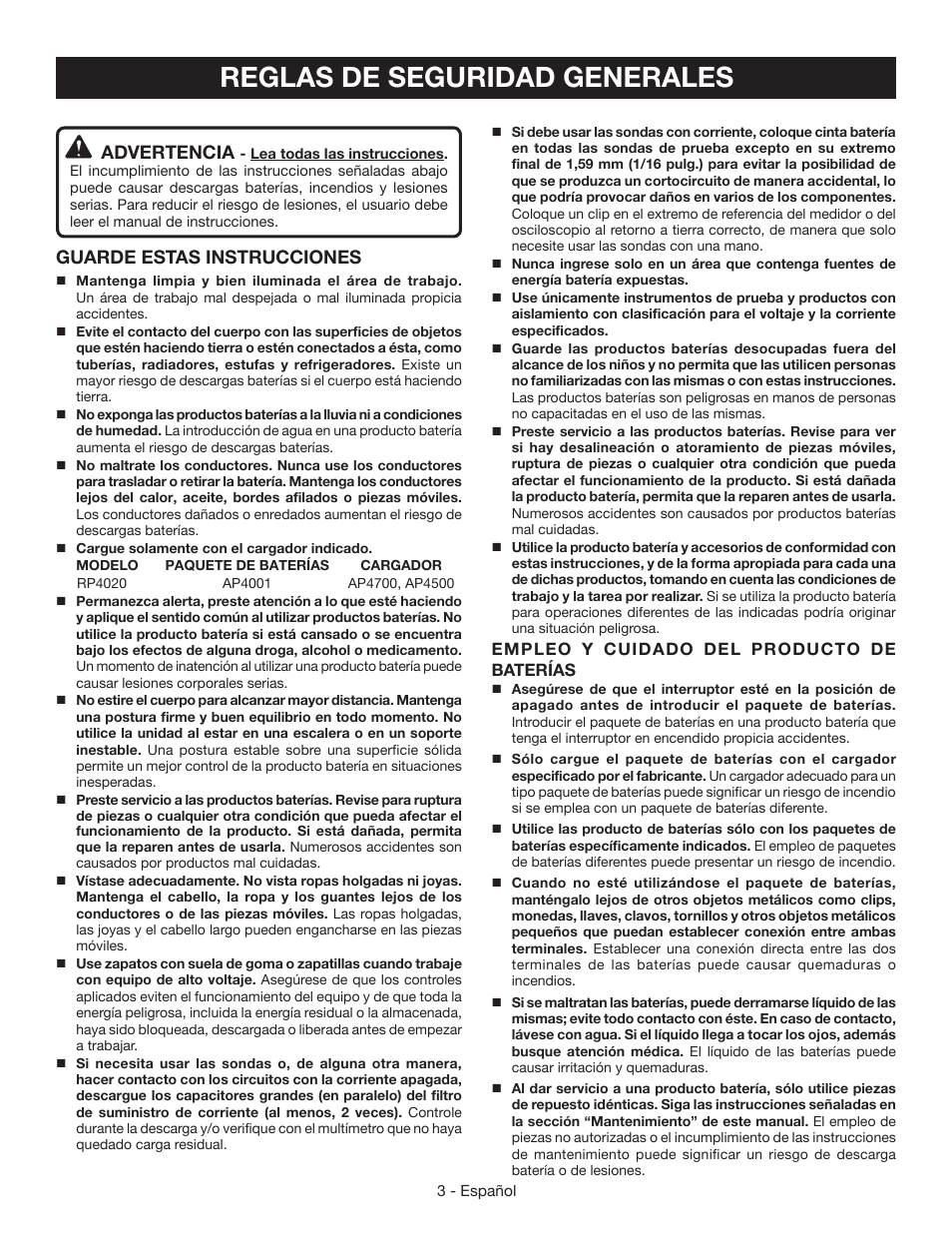 Reglas de seguridad generales, Advertencia, Guarde estas instrucciones | Ryobi RP4020 User Manual | Page 27 / 40