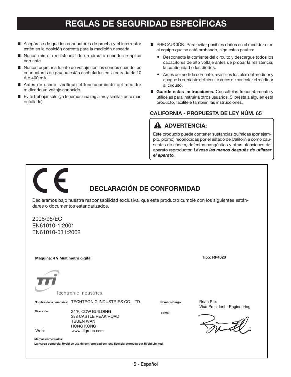 Reglas de seguridad específicas, Declaración de conformidad, Declaration of conformity | Advertencia | Ryobi RP4020 User Manual | Page 29 / 40