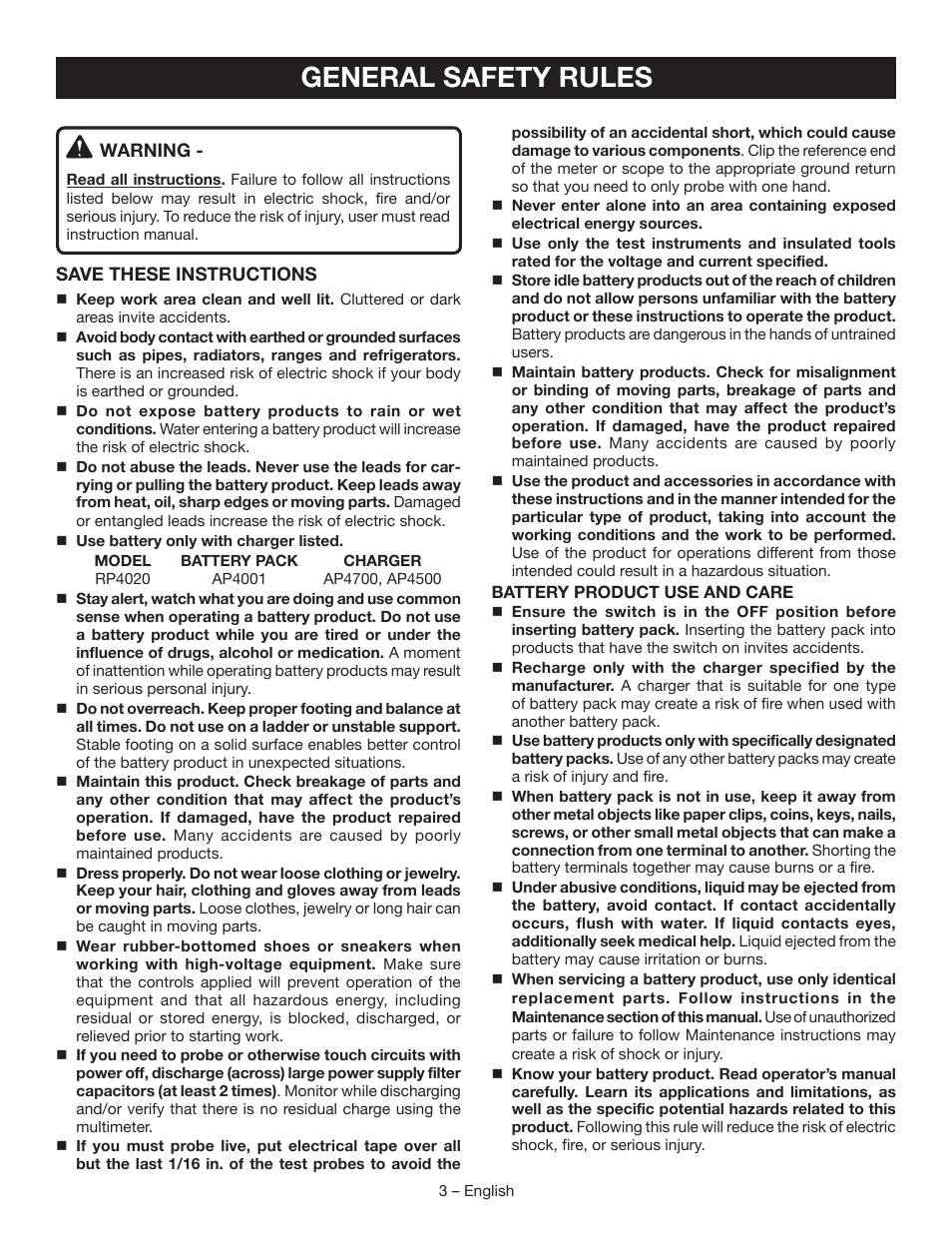 General safety rules | Ryobi RP4020 User Manual | Page 3 / 40