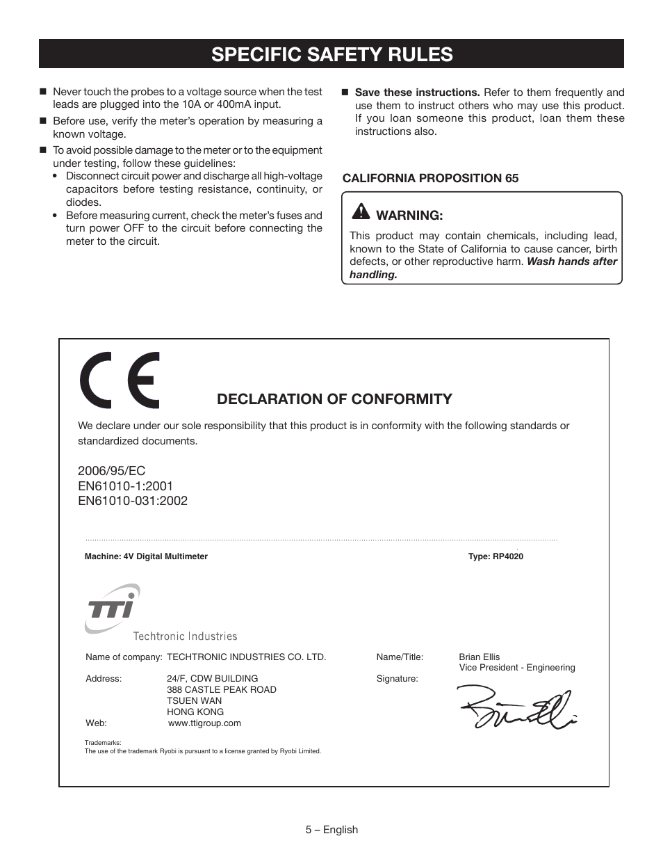 Specific safety rules, Declaration of conformity | Ryobi RP4020 User Manual | Page 5 / 40