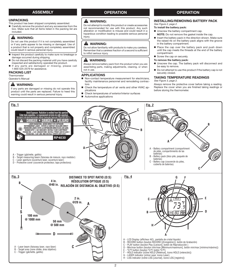 Danger • danger • peligro, Assembly operation operation, Ac d s | Ryobi RP4030 User Manual | Page 2 / 8