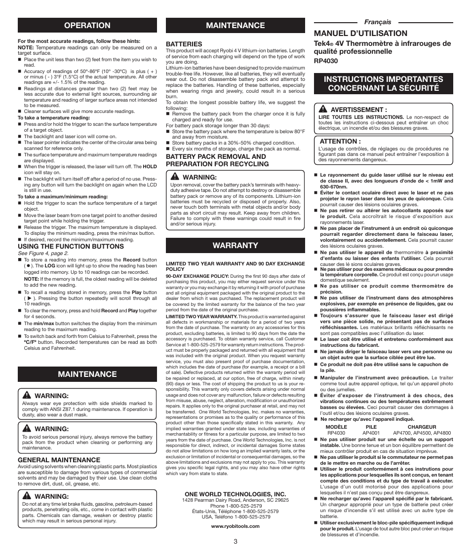 Operation maintenance maintenance, Warranty, Manuel d’utilisation | Instructions importantes concernant la sécurité, Tek4 | Ryobi RP4030 User Manual | Page 3 / 8