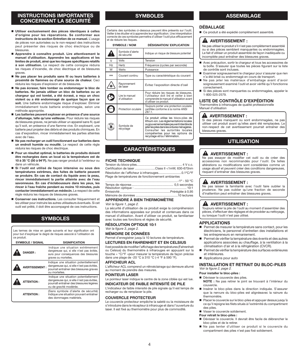 Symboles, Caractéristiques, Assemblage | Ryobi RP4030 User Manual | Page 4 / 8