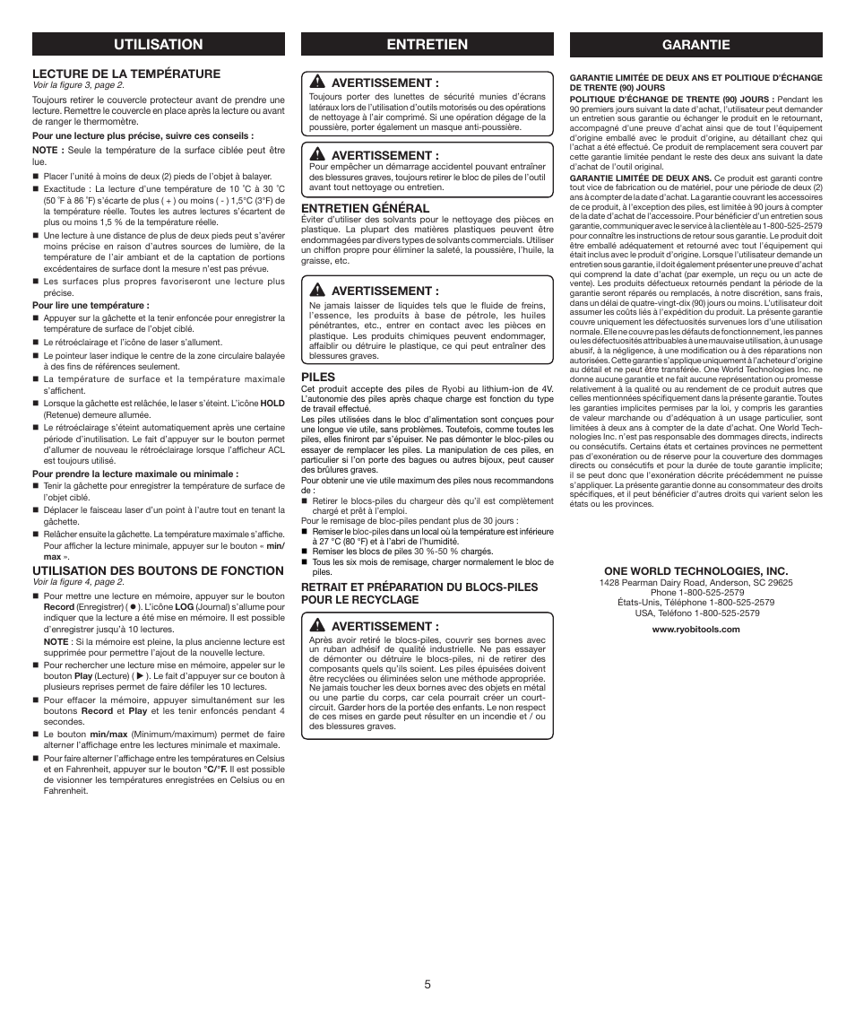 Utilisation entretien, Garantie | Ryobi RP4030 User Manual | Page 5 / 8