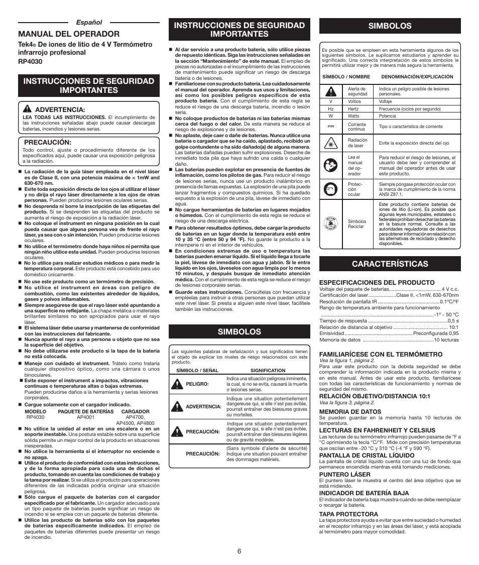 Simbolos, Manual del operador, Instrucciones de seguridad importantes | Tek4 | Ryobi RP4030 User Manual | Page 6 / 8