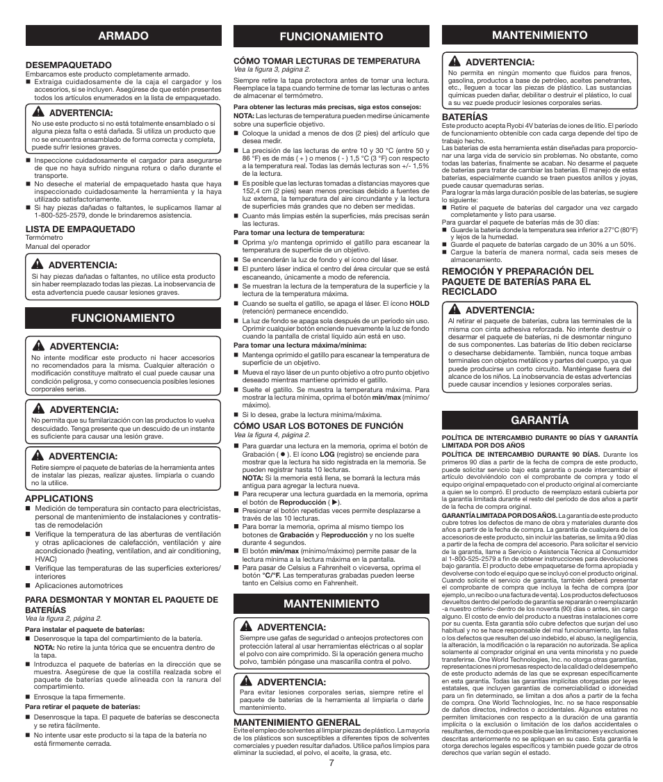 Armado funcionamiento funcionamiento, Mantenimiento, Garantía | Ryobi RP4030 User Manual | Page 7 / 8