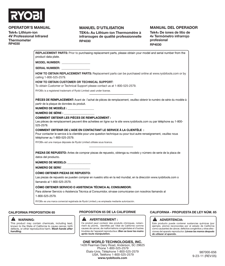 Manuel d’utilisation, Operator’s manual, Manual del operador | Ryobi RP4030 User Manual | Page 8 / 8