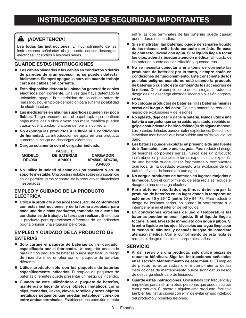 Instrucciones de seguridad importantes, Advertencia, Guarde estas instrucciones | Empleo y cuidado de la producto de baterías, Servicio | Ryobi RP4050 User Manual | Page 17 / 24