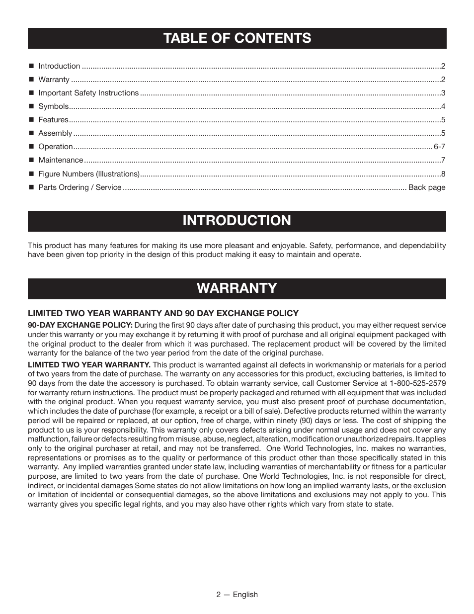 Table of contents introduction, Warranty | Ryobi RP4050 User Manual | Page 2 / 24