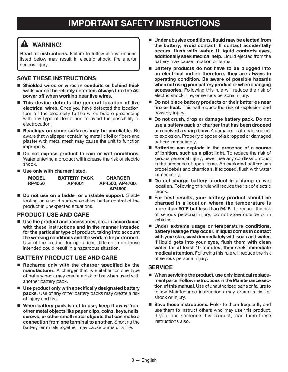 Important safety instructions | Ryobi RP4050 User Manual | Page 3 / 24