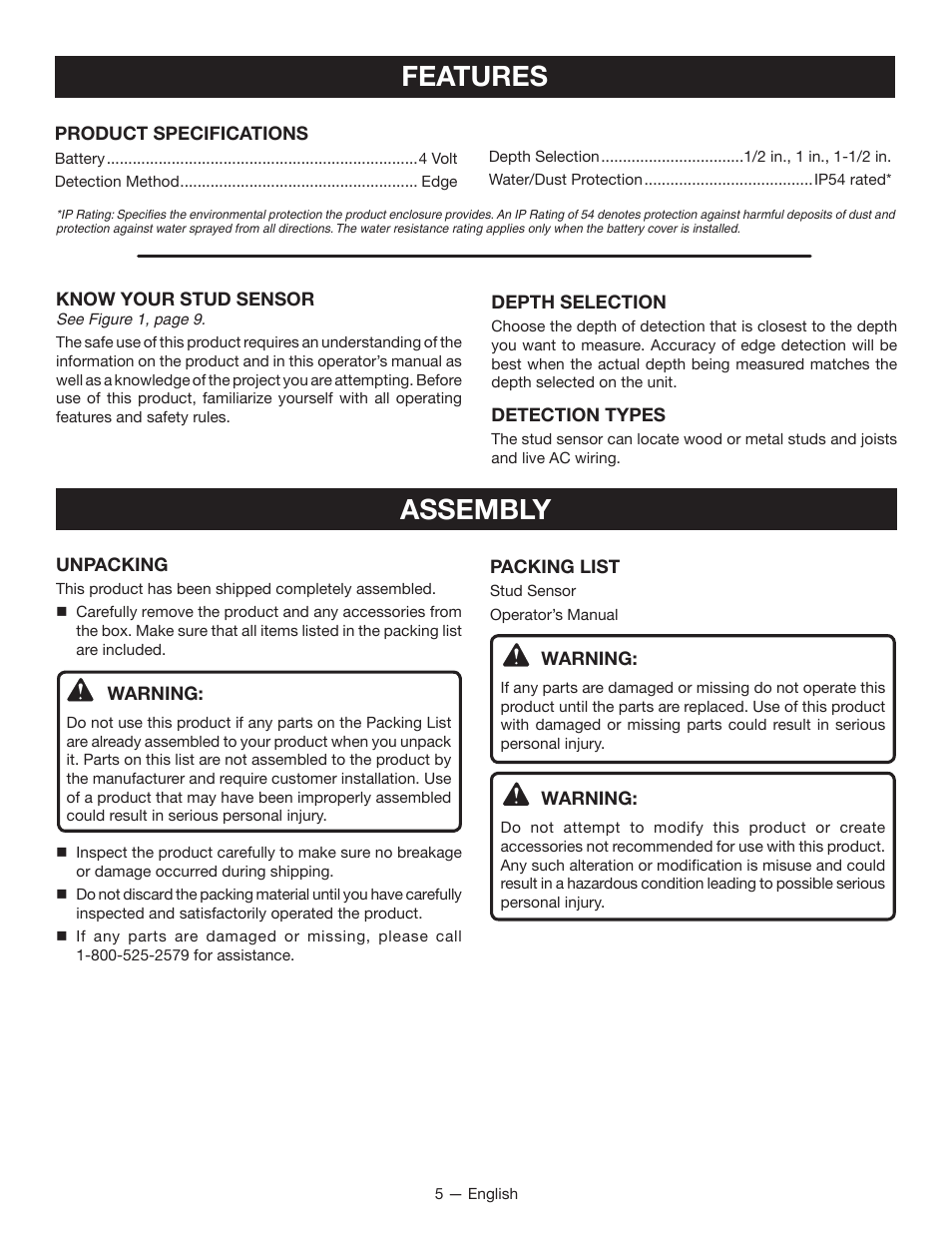 Features, Assembly | Ryobi RP4050 User Manual | Page 5 / 24