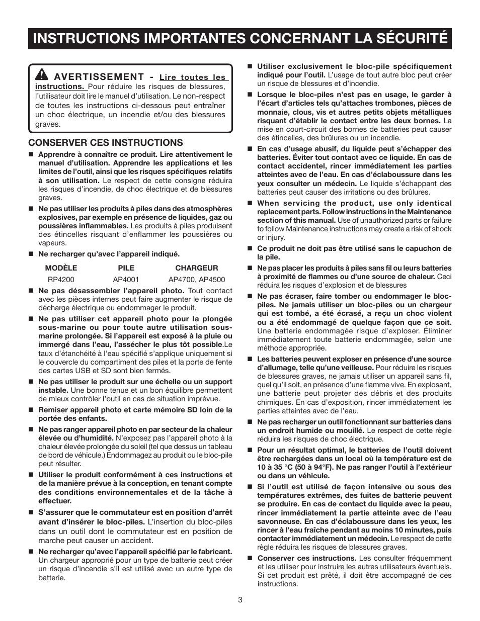 Instructions importantes concernant la sécurité, Avertissement, Conserver ces instructions | Ryobi RP4200 User Manual | Page 12 / 32