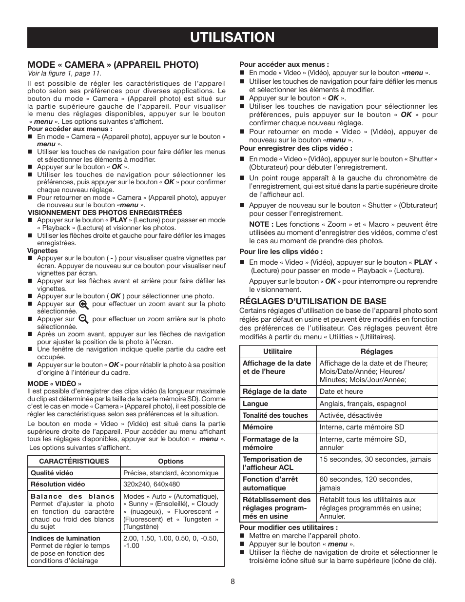 Utilisation, Mode « camera » (appareil photo) | Ryobi RP4200 User Manual | Page 17 / 32