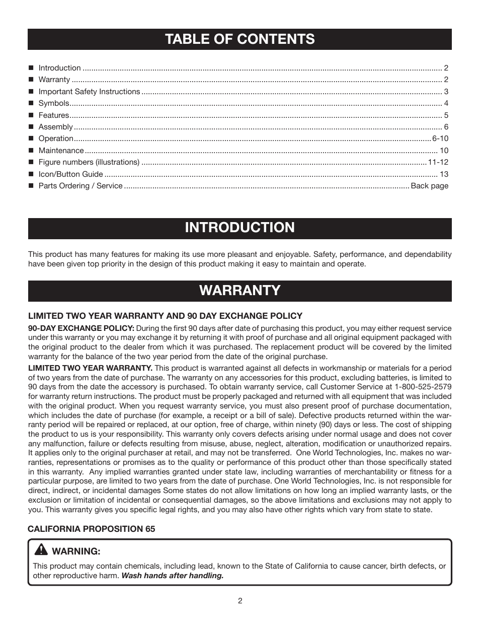 Table of contents introduction, Warranty | Ryobi RP4200 User Manual | Page 2 / 32