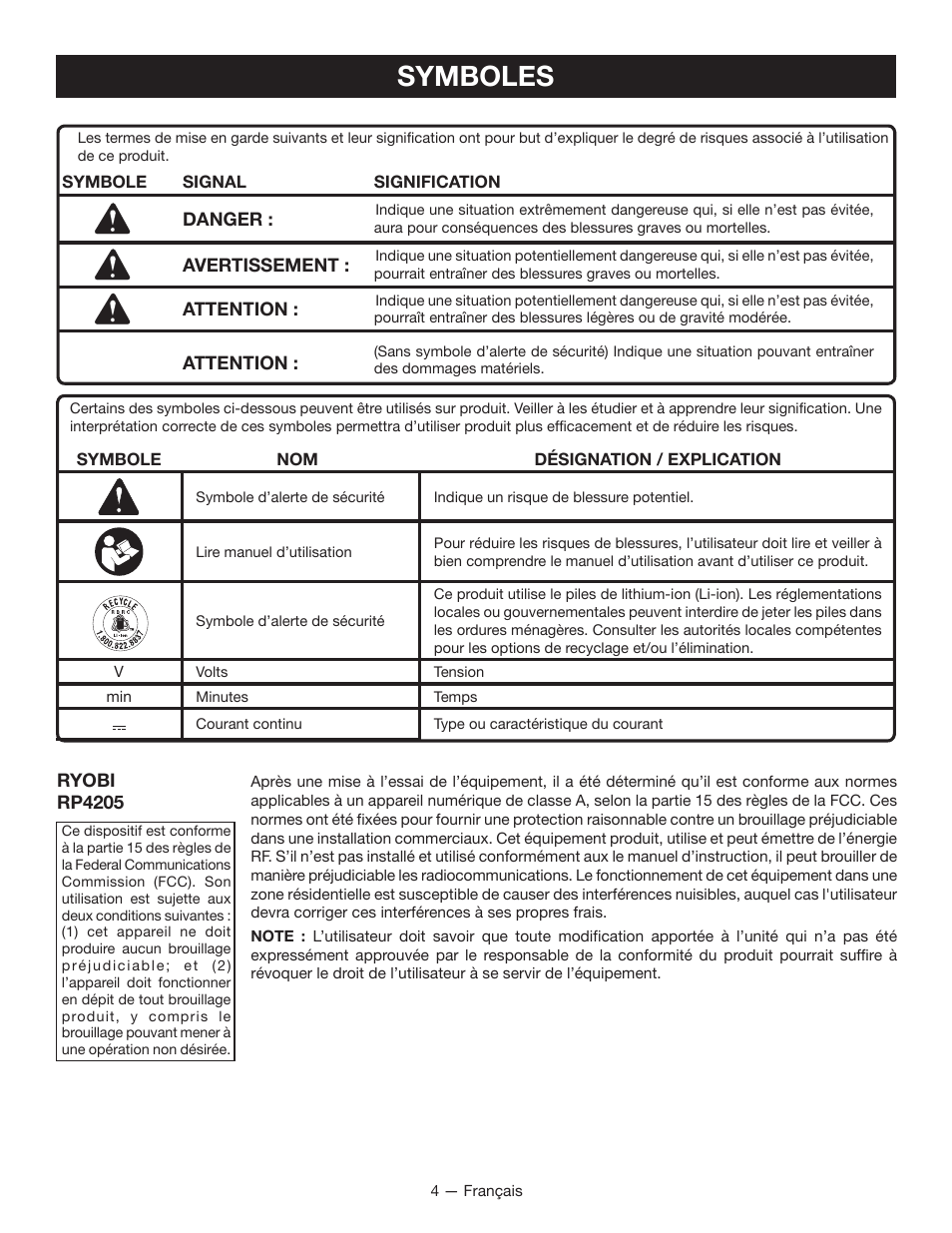 Symboles | Ryobi RP4205 User Manual | Page 10 / 24