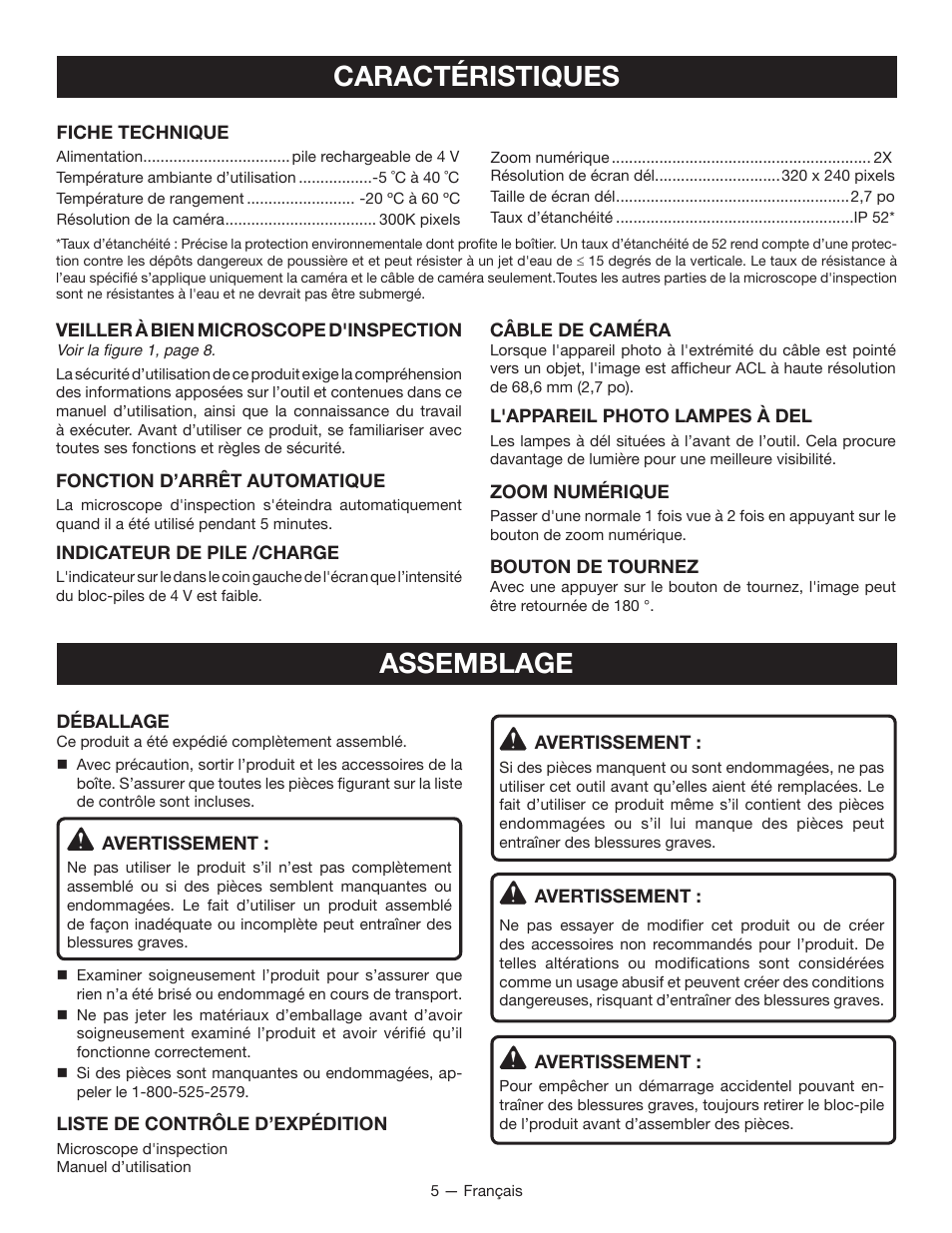 Caractéristiques, Assemblage | Ryobi RP4205 User Manual | Page 11 / 24