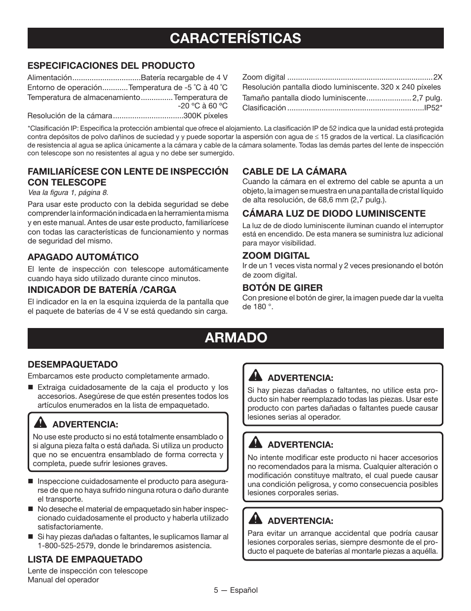 Características, Armado | Ryobi RP4205 User Manual | Page 17 / 24