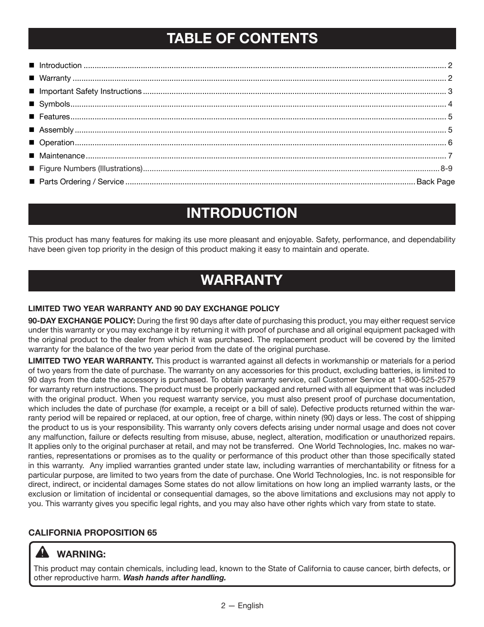 Table of contents introduction, Warranty | Ryobi RP4205 User Manual | Page 2 / 24