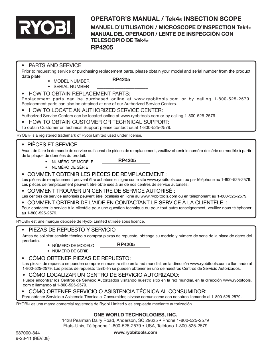 Operator’s manual / tek4, Rp4205 | Ryobi RP4205 User Manual | Page 24 / 24