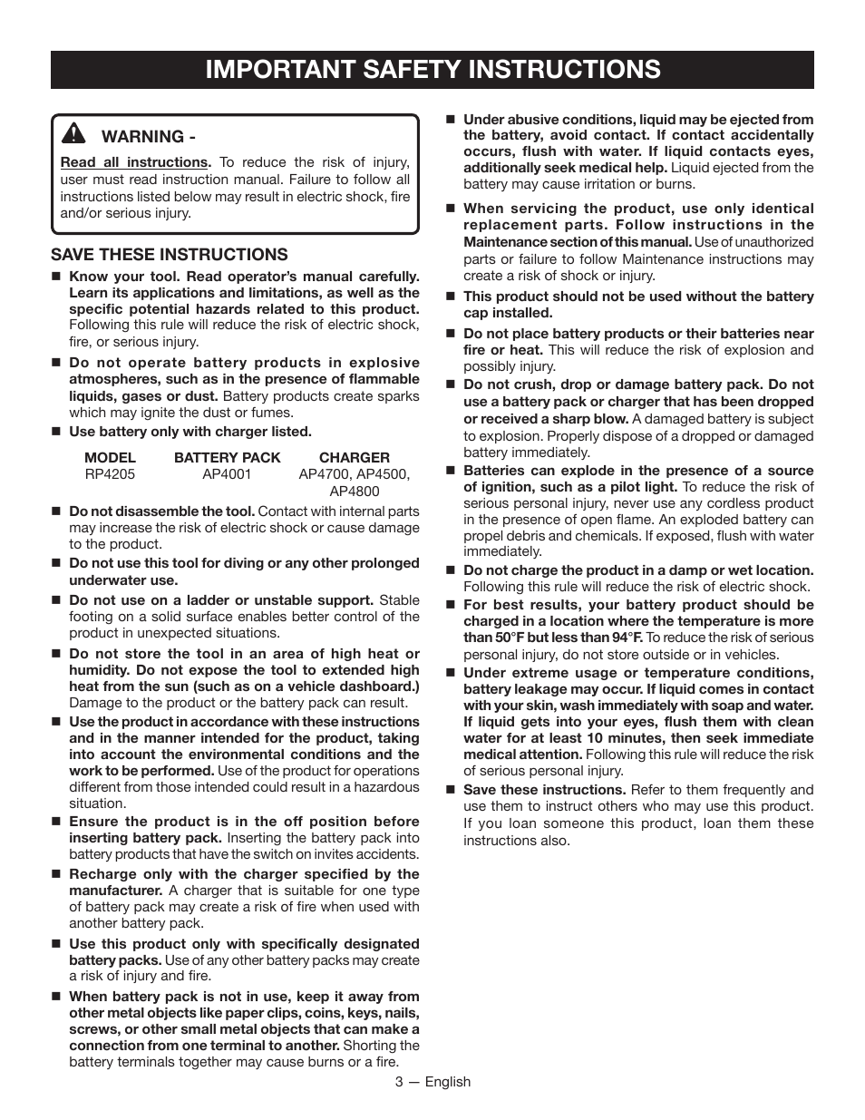 Important safety instructions | Ryobi RP4205 User Manual | Page 3 / 24