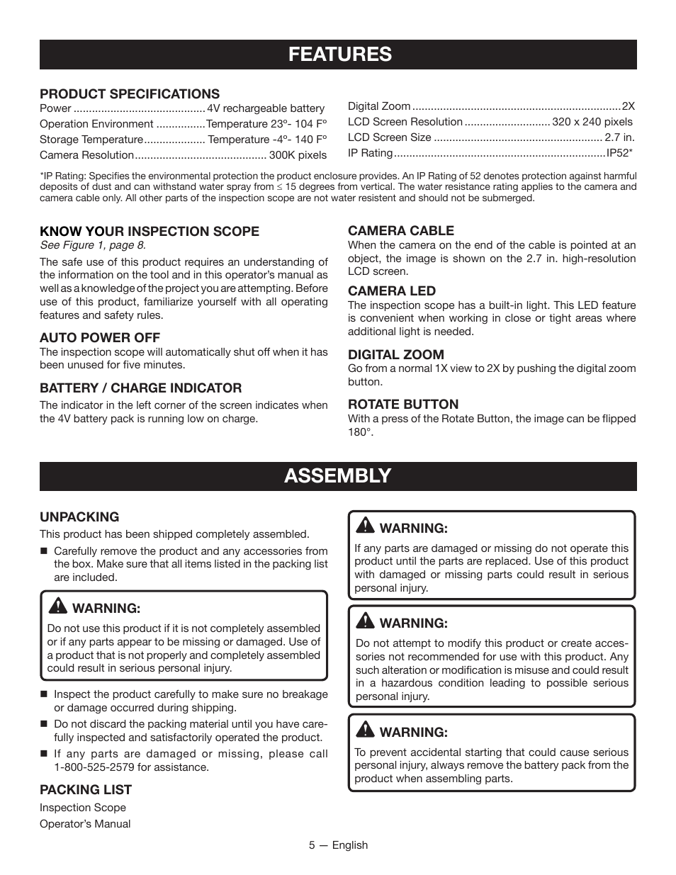 Features, Assembly | Ryobi RP4205 User Manual | Page 5 / 24