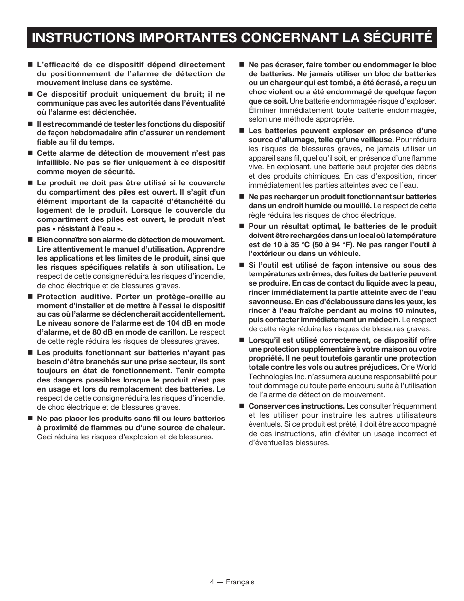 Instructions importantes concernant la sécurité | Ryobi RP4300 User Manual | Page 12 / 28