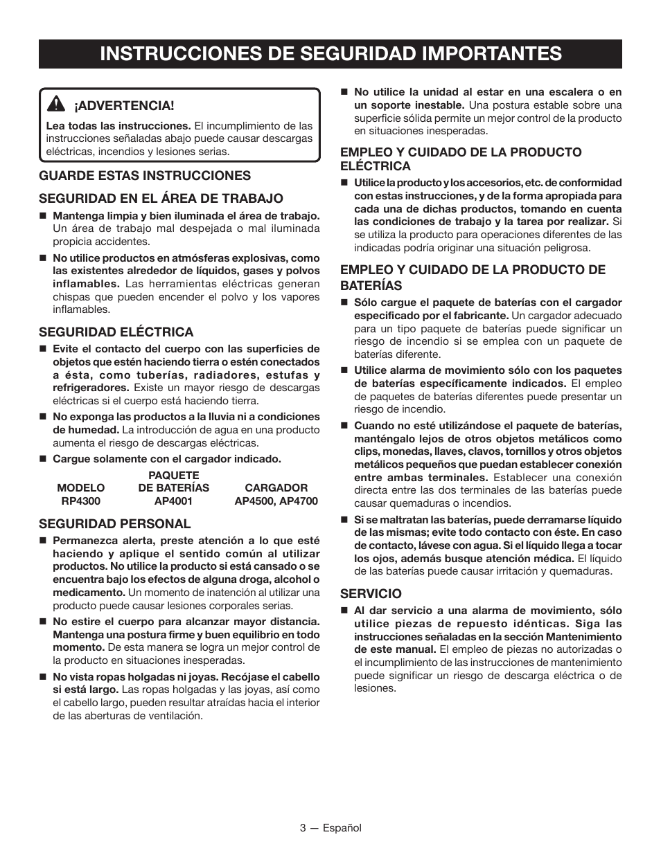 Instrucciones de seguridad importantes | Ryobi RP4300 User Manual | Page 19 / 28