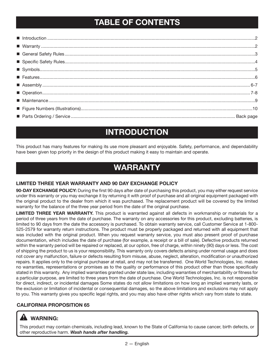 Table of contents introduction, Warranty | Ryobi RP4300 User Manual | Page 2 / 28