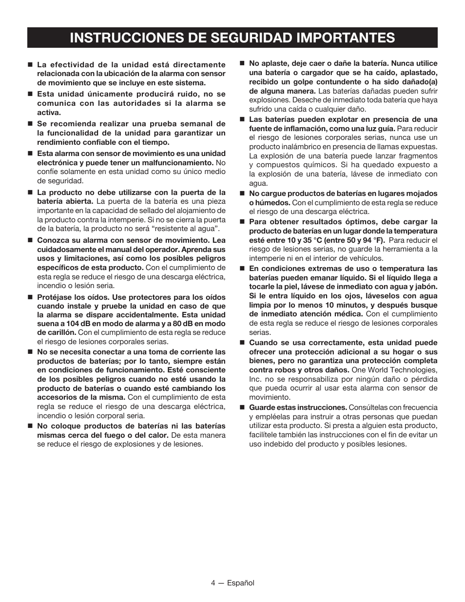 Instrucciones de seguridad importantes | Ryobi RP4300 User Manual | Page 20 / 28