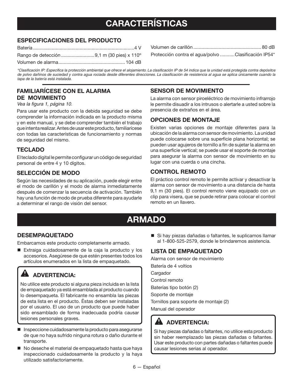 Características, Armado | Ryobi RP4300 User Manual | Page 22 / 28