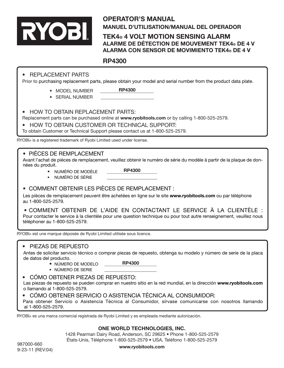 Operator’s manual, Tek4, 4 volt motion sensing alarm | Rp4300 | Ryobi RP4300 User Manual | Page 28 / 28