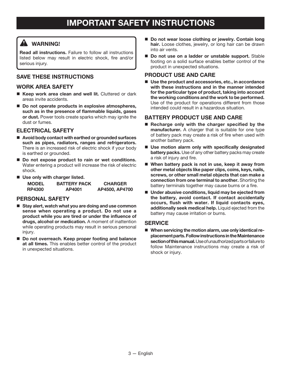 Important safety instructions | Ryobi RP4300 User Manual | Page 3 / 28