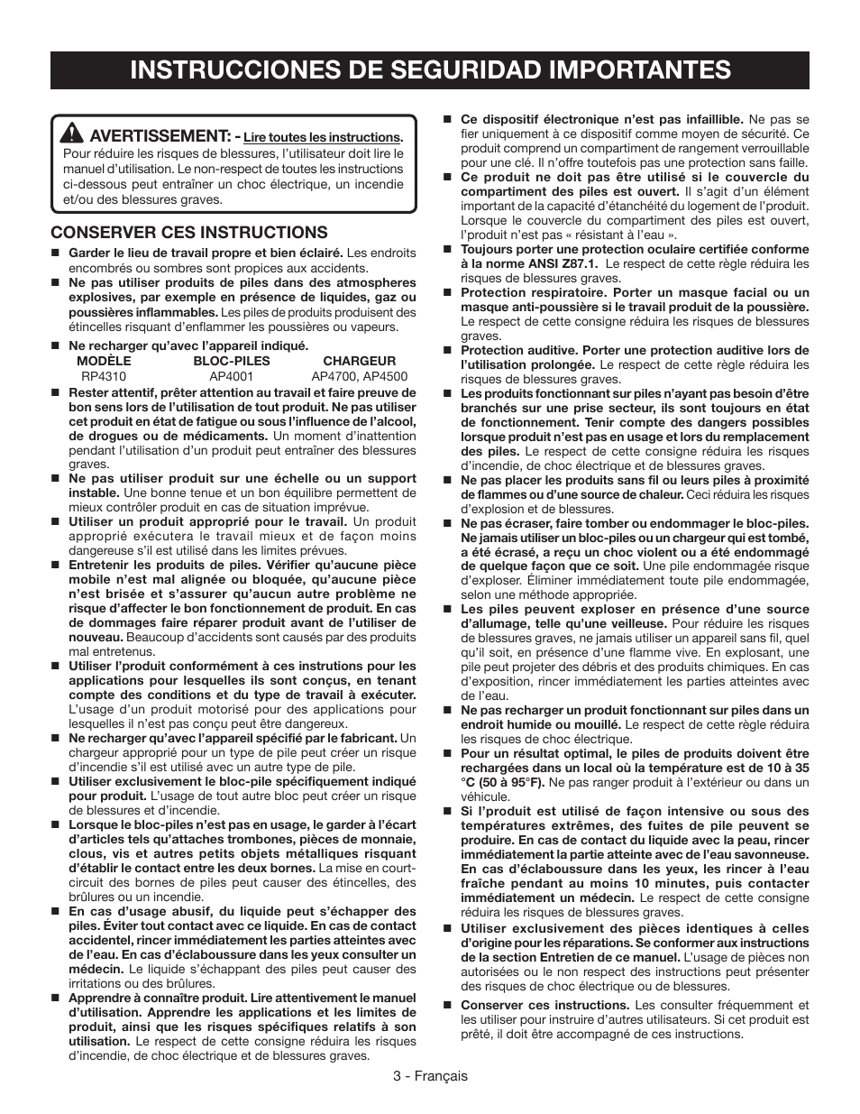 Instrucciones de seguridad importantes, Avertissement, Conserver ces instructions | Ryobi RP4310 User Manual | Page 11 / 28