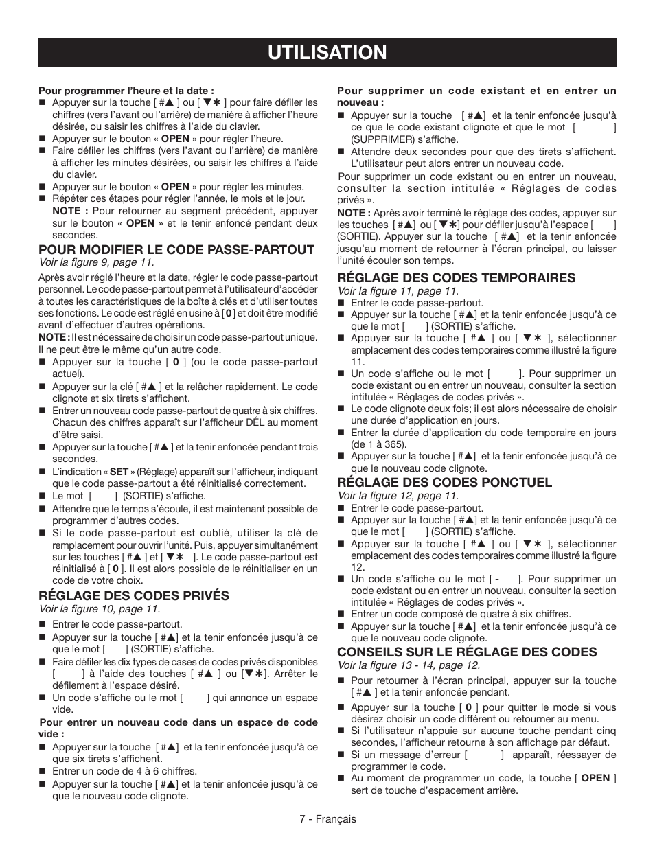 Utilisation, Pour modifier le code passe-partout, Réglage des codes privés | Réglage des codes temporaires, Réglage des codes ponctuel, Conseils sur le réglage des codes | Ryobi RP4310 User Manual | Page 15 / 28