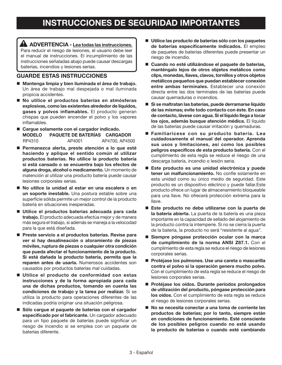 Instrucciones de seguridad importantes | Ryobi RP4310 User Manual | Page 18 / 28