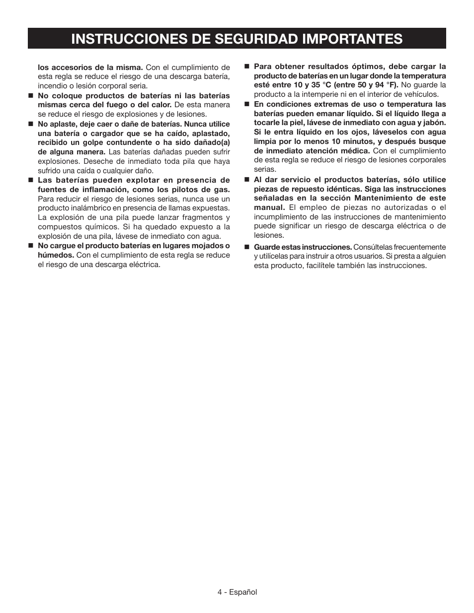 Instrucciones de seguridad importantes | Ryobi RP4310 User Manual | Page 19 / 28