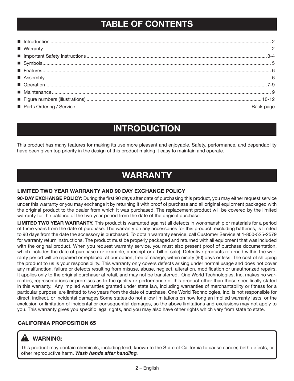 Table of contents introduction, Warranty | Ryobi RP4310 User Manual | Page 2 / 28