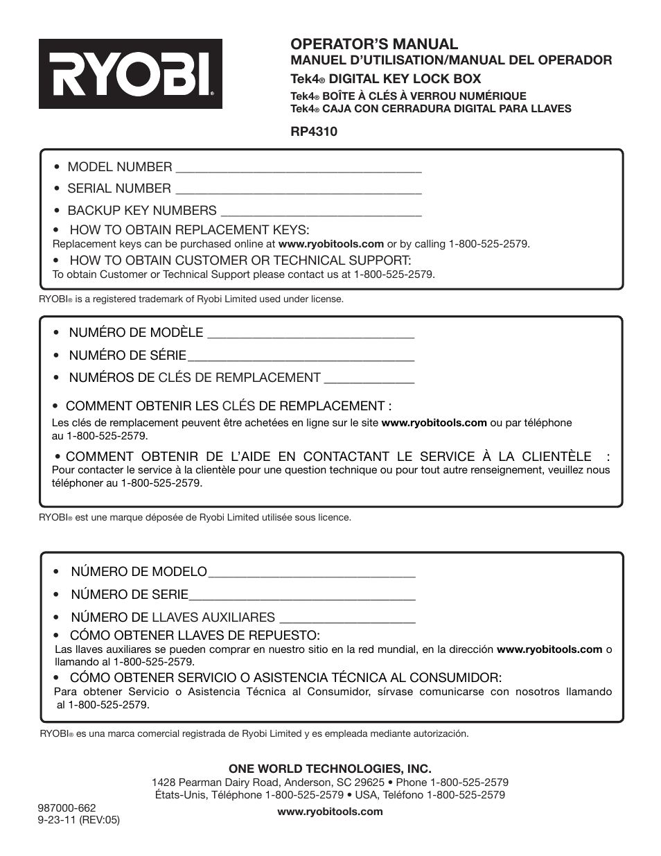 Operator’s manual | Ryobi RP4310 User Manual | Page 28 / 28