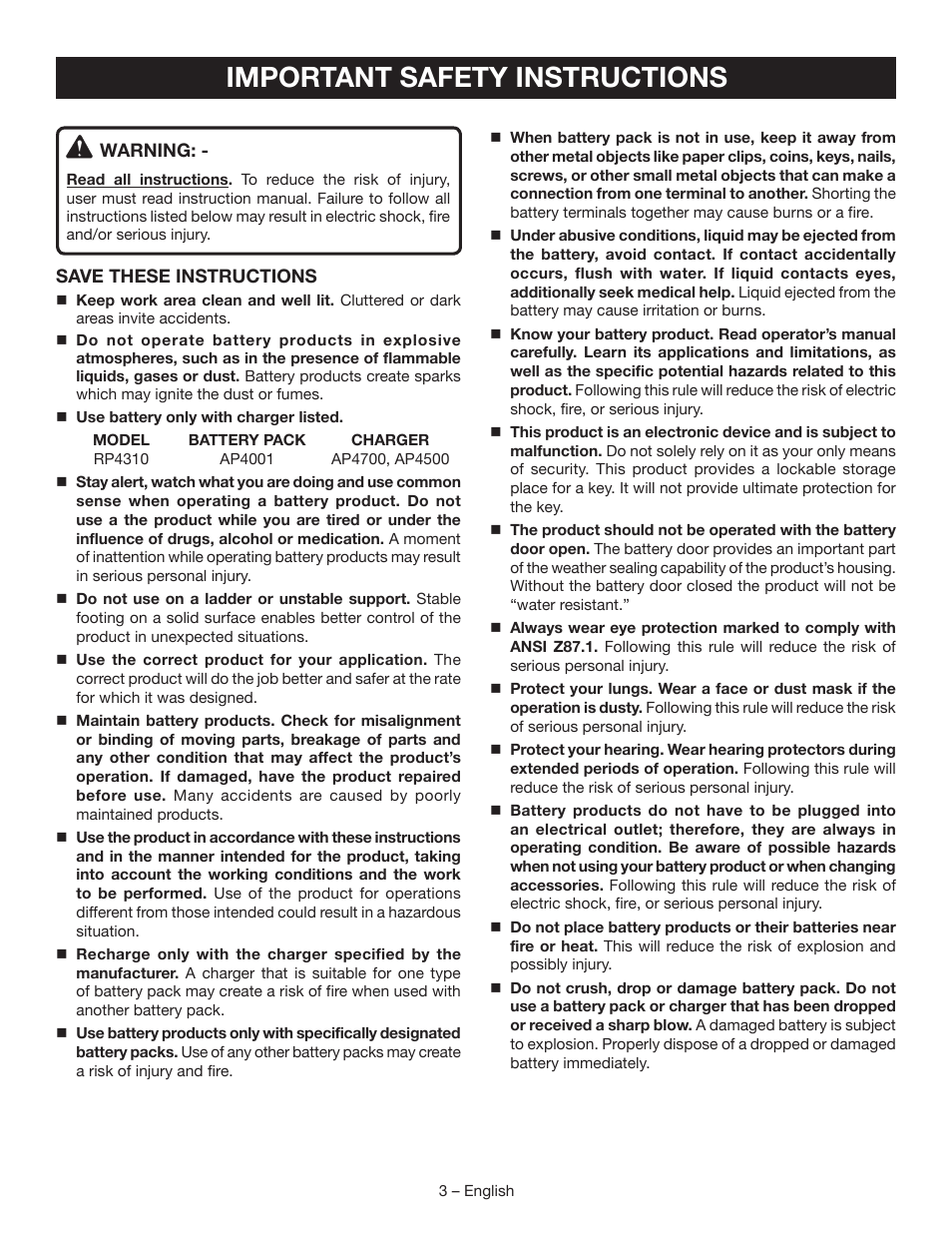 Important safety instructions | Ryobi RP4310 User Manual | Page 3 / 28