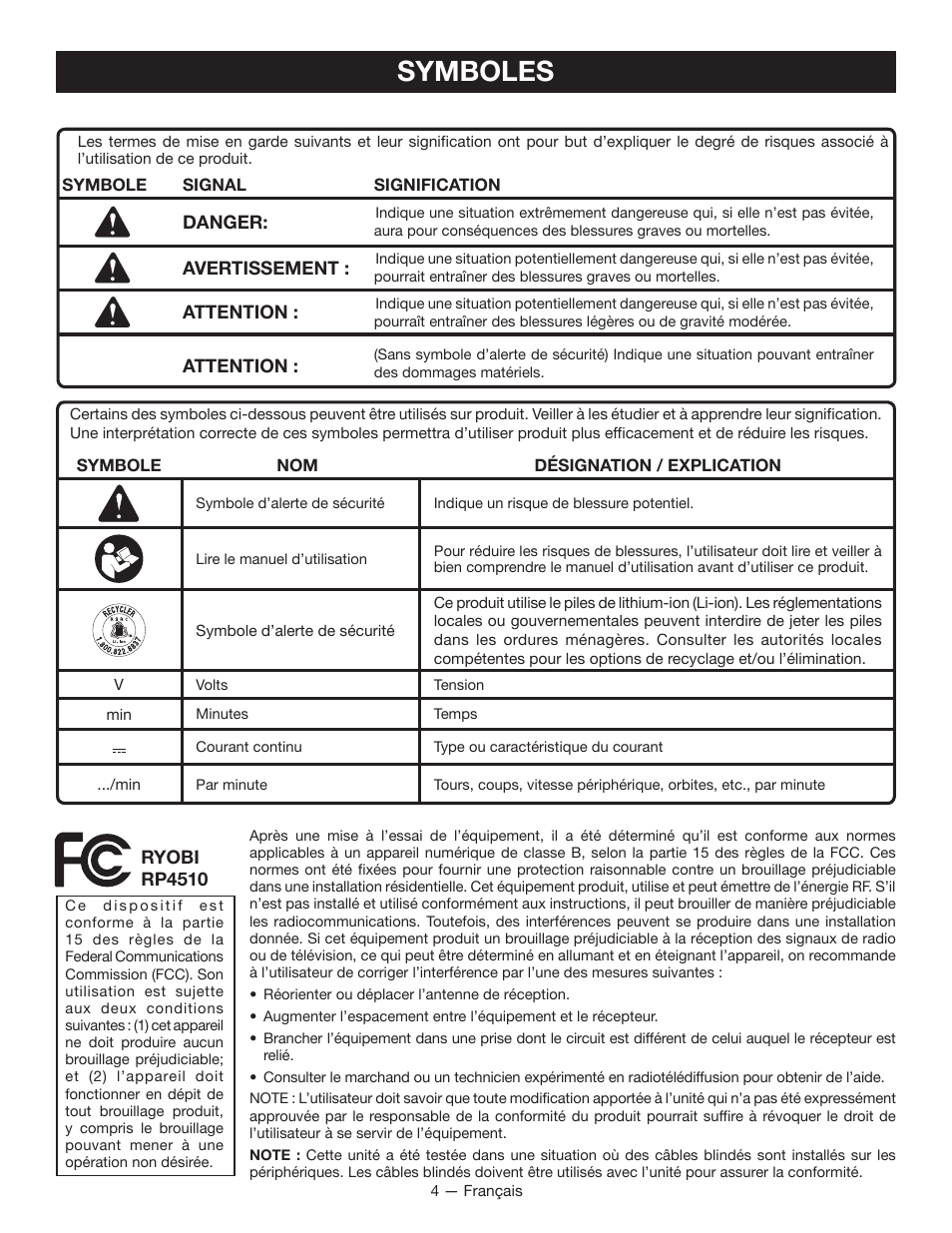 Symboles | Ryobi RP4510 User Manual | Page 12 / 28