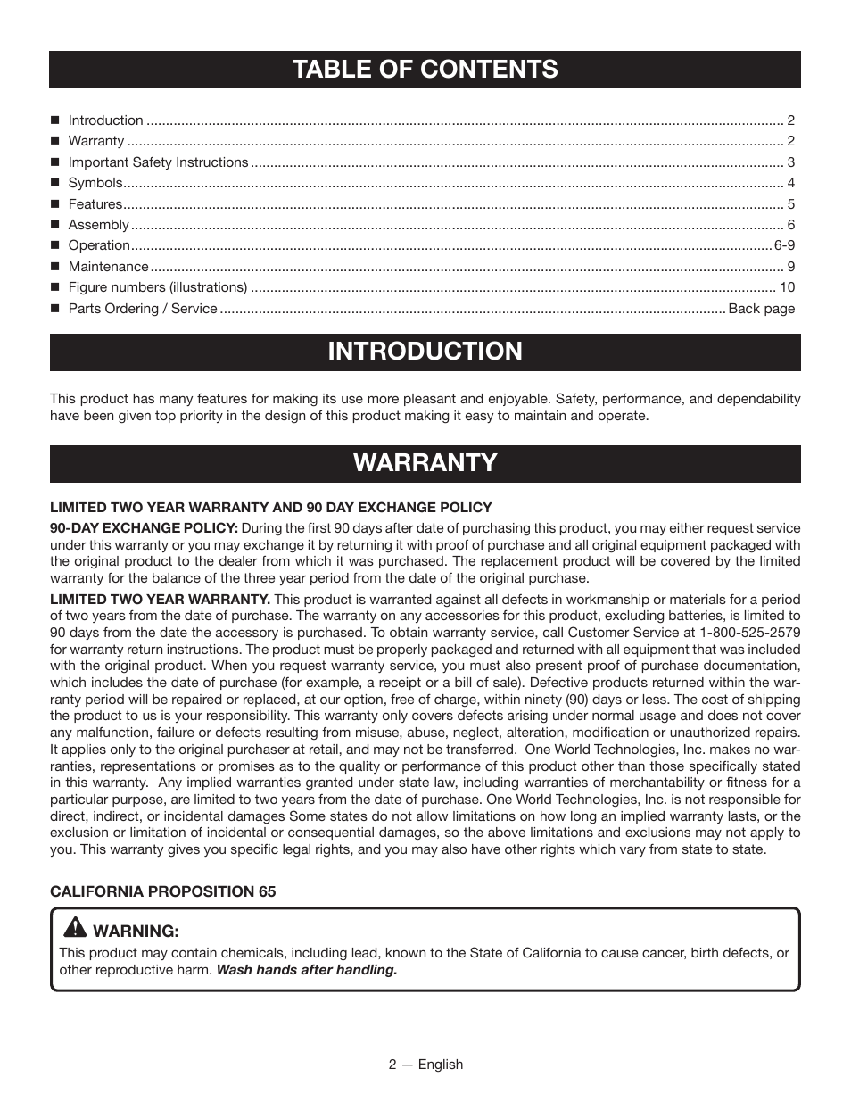 Table of contents introduction, Warranty | Ryobi RP4510 User Manual | Page 2 / 28