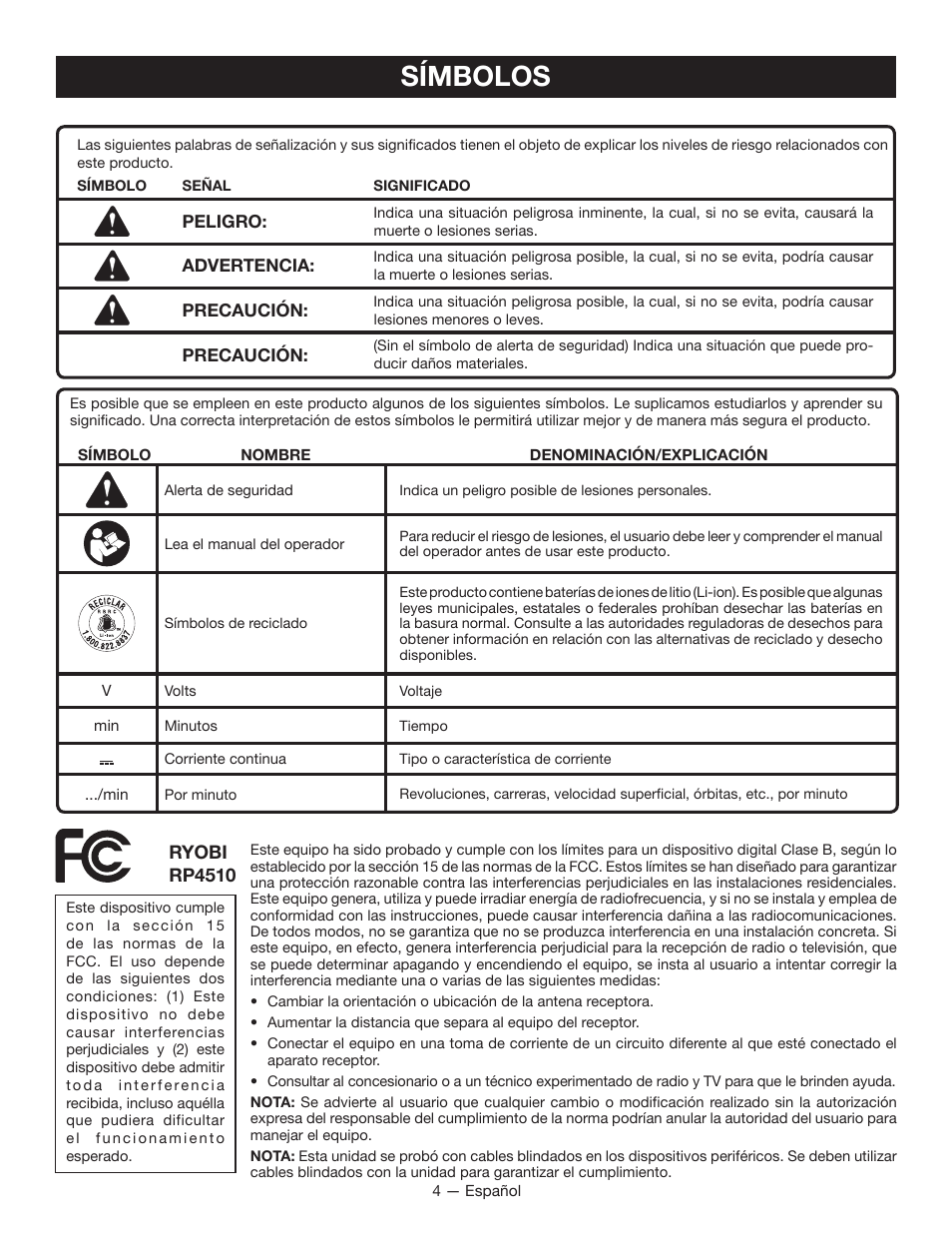 Símbolos | Ryobi RP4510 User Manual | Page 20 / 28