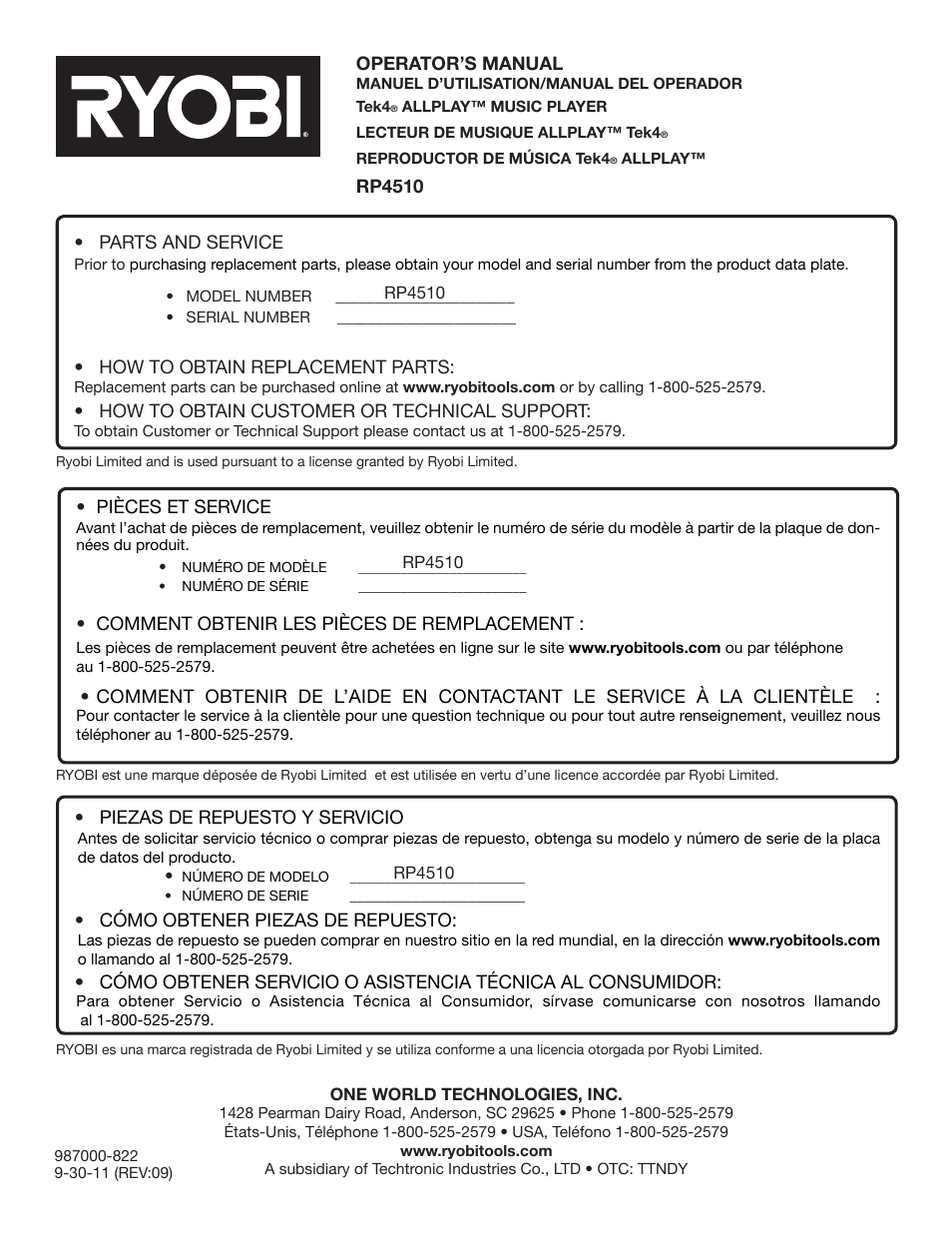 Ryobi RP4510 User Manual | Page 28 / 28
