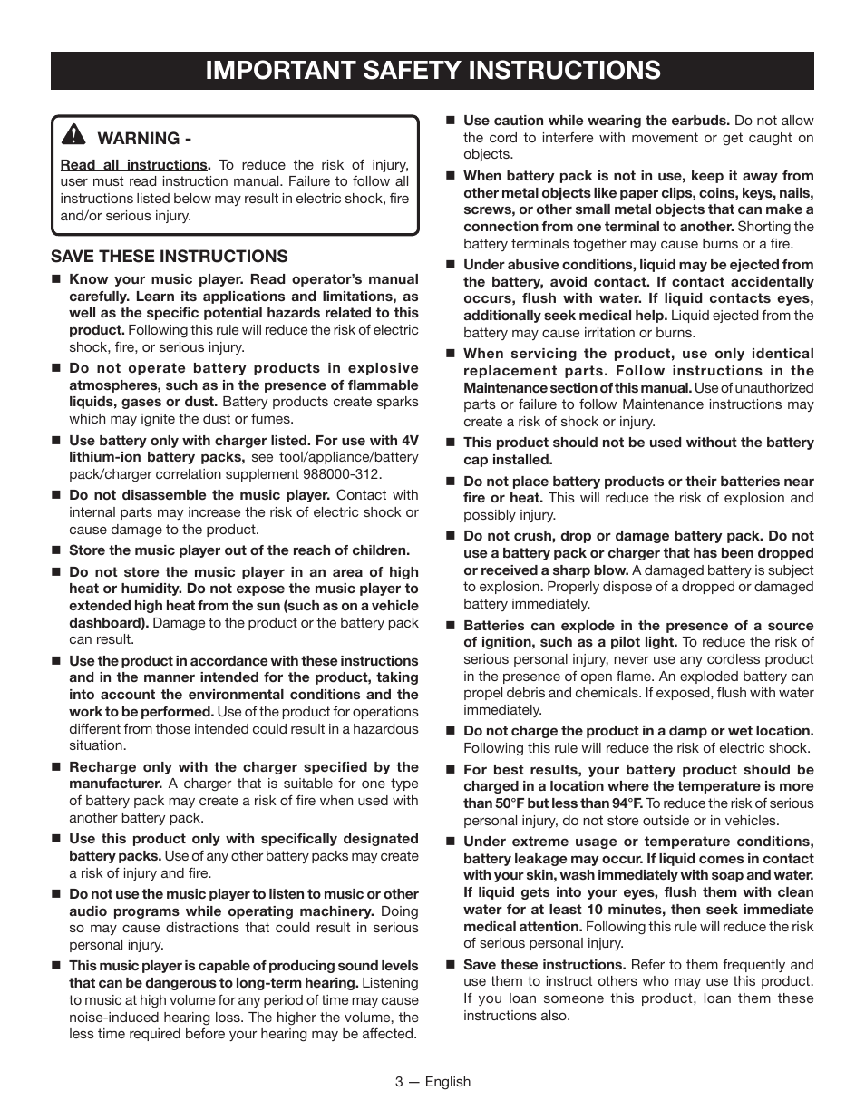 Important safety instructions | Ryobi RP4510 User Manual | Page 3 / 28
