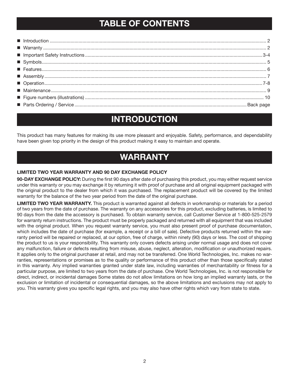 Table of contents introduction, Warranty | Ryobi RP4530 User Manual | Page 2 / 28