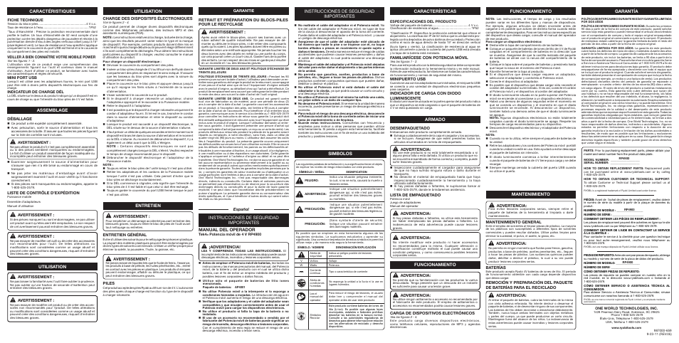 Caractéristiques, Assemblage entretien, Garantía utilisation utilisation | Manual del operador, Simbolos, Características, Armado funcionamiento funcionamiento, Mantenimiento, Garantie, Avertissement | Ryobi RP4900 User Manual | Page 2 / 2