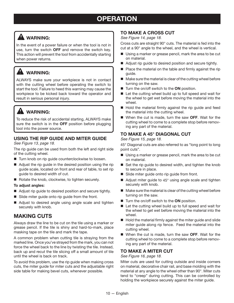 Operation, Making cuts | Ryobi WS720 User Manual | Page 10 / 44