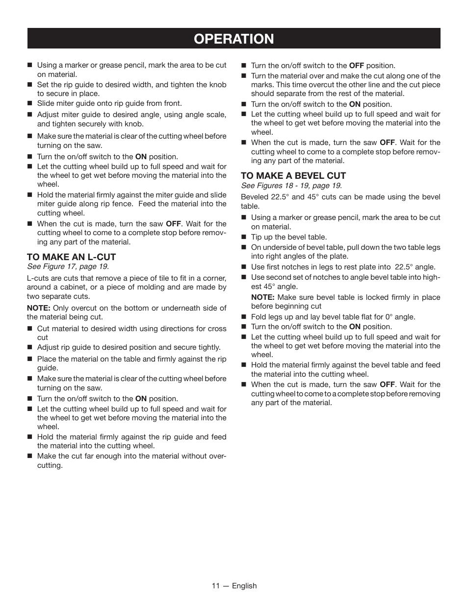 Operation | Ryobi WS720 User Manual | Page 11 / 44